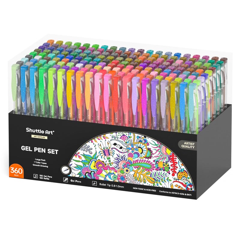 Shuttle Art 360 Pack Gel Pens Set, 180 Colors Gel Pen Set Plus 180 Color Refills Perfect for Adult Coloring Books Doodling Drawing Art Markers - Image 1